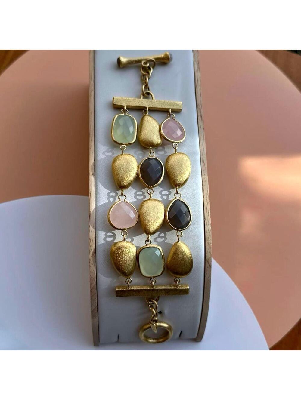 Rivka Friedman 18K Gold Clad 3 Row Gemstone Rock Crystal Pebble Toggle Bracelet